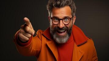 AI generated Excited Bearded Man Pointing in Orange Jacket with Enthusiastic Smile photo