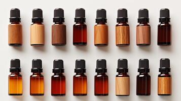 AI generated Assortment of essential oil bottles with plastic caps photo