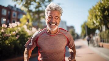 AI generated Mature man with silver hair running in city. photo