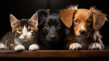 AI generated Two dogs and a cat are sitting together on a table with a black background. All three animals have their eyes open and are looking directly at the camera. photo