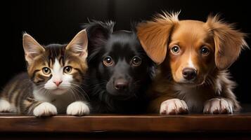 ai generado dos perros y un gato son sentado juntos en un mesa con un negro antecedentes. todas Tres animales tener su ojos abierto y son mirando directamente a el cámara. foto