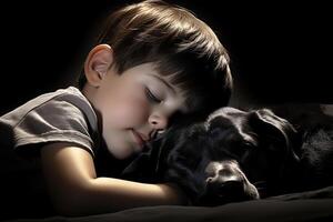 AI generated Peaceful Child Sleeping with Black Dog in a Tender Embrace photo