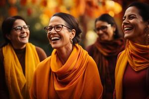 AI generated Group of Women Laughing Joyfully in Autumnal Setting photo