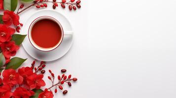 ai generado elegante té ajuste con rojo flores en minimalista blanco foto