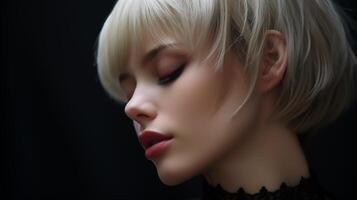 AI generated Close-Up of a Caucasian Woman with Platinum Blonde Hair, Ideal for Beauty, Fashion, and Portraits photo