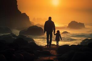 ai generado silueta de padre y niño caminando en brumoso playa a puesta de sol foto