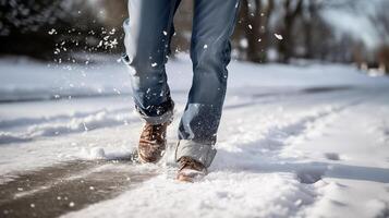 AI generated Person walking in snow with pair of jeans on and pair of brown boots, confident hiker. photo