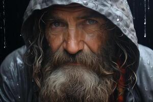 ai generado intenso mirada de un hombre con mojado barba en lluvia, ojos profundo y resuelto. foto