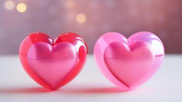 ai generado dos lustroso corazones para romántico conceptos, ideal para San Valentín día y amor temas foto