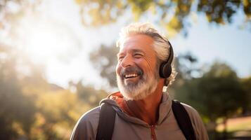 AI generated Joyful senior Caucasian man with headphones outdoors, ideal for lifestyle and music themes. photo