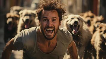 AI generated Man screaming front of dogs on street with mouth open tongue out. Concept fear, terror, animals, city, chaos. Advertising, Posters, Books, Movie scenes. photo