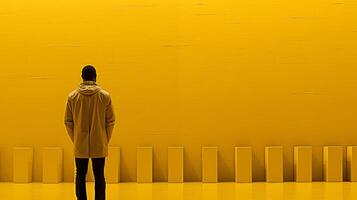 AI generated Solitary Figure Contemplating in Front of a Vibrant Yellow Wall, Suitable for Art and Design Concepts photo