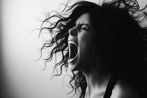 AI generated Dramatic Black and White Image of Woman Screaming, for Emotions, Mental Health, Drama Themes photo