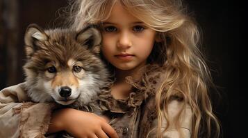 AI generated Serene Child Embracing Furry Friend in Soft Glow photo