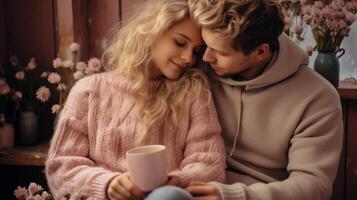 AI generated Caucasian Couple Sharing a Cozy Moment, Ideal for Relationship and Lifestyle Articles photo