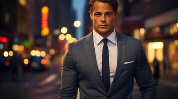 AI generated Confident young businessman in an urban setting, great for modern lifestyle and success stories photo