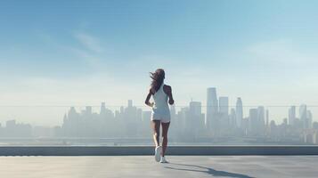AI generated Fit African American woman jogging in urban setting, great for fitness and city life content photo