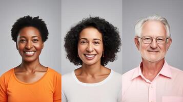 AI generated Three Diverse Generational Portraits Isolated on Gray Background photo