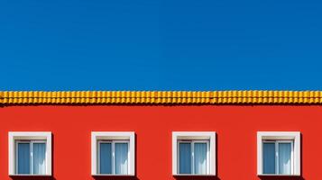 ai generado vibrante rojo edificio fachada con azul cielo, Perfecto para arquitectura y diseño foto