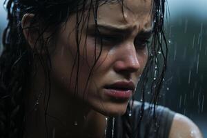 AI generated Emotional Woman in Rain, Intense Drama Scene, Ideal for Storytelling and Moody Concepts photo