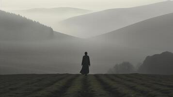 AI generated Solitary Figure Contemplating in Misty Hills, Perfect for Cinematic Scenes photo