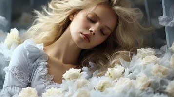 AI generated Young Caucasian Woman Asleep Amidst White Roses, Perfect for Beauty and Dream Concepts photo