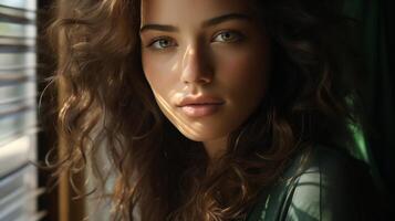 AI generated Serene Caucasian Young Woman Gazing through Window, Ideal for Beauty Campaigns photo