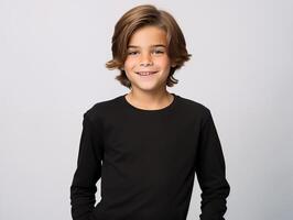 ai generado confidente caucásico preadolescente chico con marrón cabello, ideal para ropa anuncios y educativo temas foto