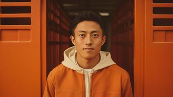 AI generated Confident Asian Young Adult in Peach Lockers, for Lifestyle Marketing photo