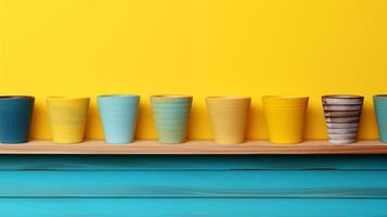 AI generated Ceramic Pots on Shelf Against Yellow Wall, Home Decor and Design Concept photo