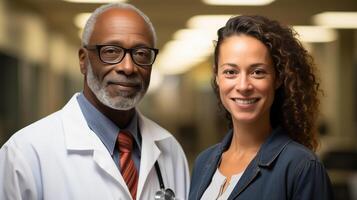 AI generated Professional African-American Doctor and Caucasian Nurse Team, Healthcare Marketing photo