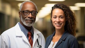 AI generated Professional African-American Doctor and Caucasian Nurse Team, Healthcare Marketing photo