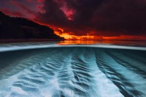 Split view with sunset and underwater sandy sea bottom. Tropical seascape with colorful bright sunset or sunrise, fifty fifty view with artificial light photo