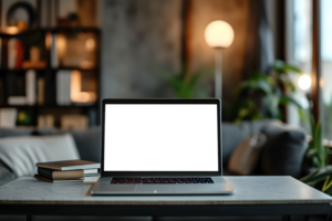 AI generated Transparent Laptop Display on Wooden Table with Potted Plant Decor Workspace png