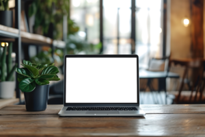 AI generated Transparent Laptop Display Mockup on Wooden Table and Potted Plant Decor png