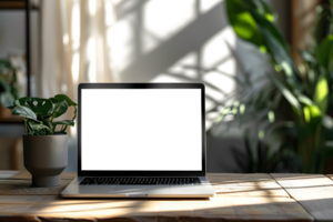 AI generated Laptop Screen Mockup on Wooden Table with Plant Decor, Contemporary Workstation png