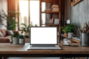 AI generated Transparent Laptop Display on Wood Surface with Potted Plant, Innovative Workspace Design png