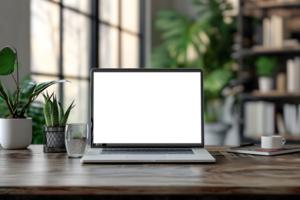 AI generated Transparent Laptop on Wood Table with Potted Plant Decoration, Office Setup png