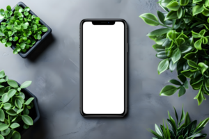 AI generated Minimalistic Phone Screen Mockup on Wooden Desk, Clean and Simple png