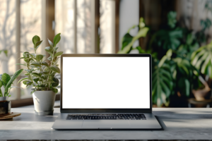 AI generated Transparent Laptop Mockup with Greenery on Wooden Desk, Digital Office Environment png