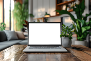 AI generated Laptop Screen Mockup on Wooden Table with Potted Plant Decoration, Digital Workspace png