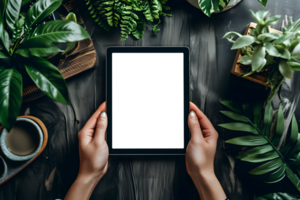 AI generated Hand Holding Transparent Tab Screen Mockup on Table with green plant decoration png