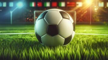 AI generated SOCCER BALL AT SOCCER MATCH IN STADIUM WITH BALL AND GRASS FIELD photo