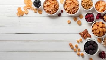 AI generated Snacks on the table from above view mock up concept photo