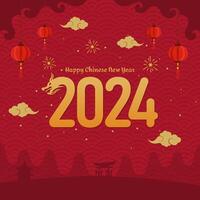 Chinese New Year 2024 year of the dragon greeting card with hanging lanterns on red background. suitable for poster, card or banner. vector