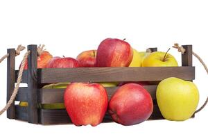 Tres manzanas cerca el caja y muchos amarillo y rojo manzanas en el caja. manzanas aislar en blanco, vitaminas foto