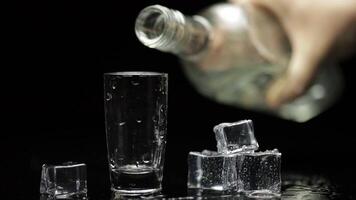 torrencial arriba Disparo de vodka dentro vaso. negro antecedentes. verter de alcohol bebida video