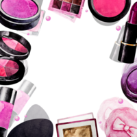 Square frame of Makeup. Watercolor. Pink Cosmetics elements for banner or text. png