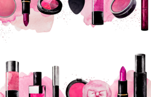 rectangular banner of Makeup.  Watercolor. Pink Cosmetics elements for frame or text. png