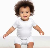 ai generado alegre bebé en blanco blanco traje estudio Moda Bosquejo foto